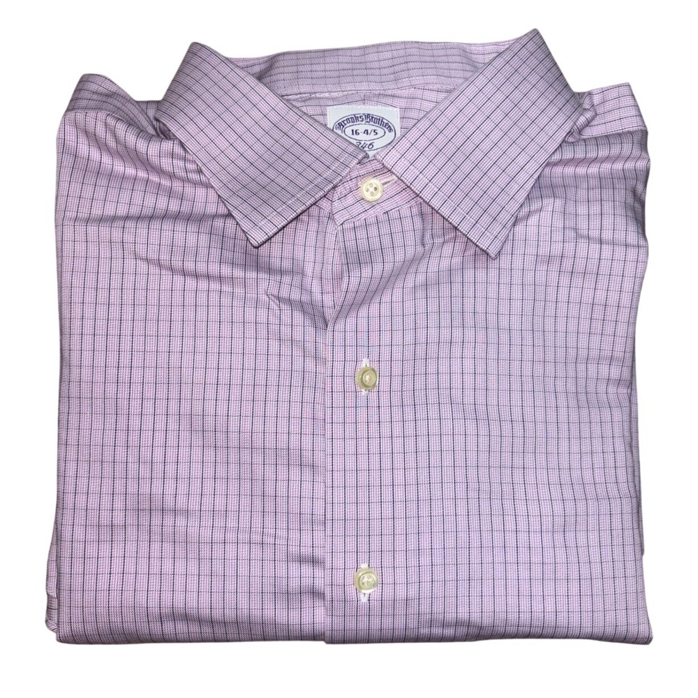 Brooks Brothers 346 Dress Shirt Mens 16 4/5 Pink Check Non-Iron Regular Fit